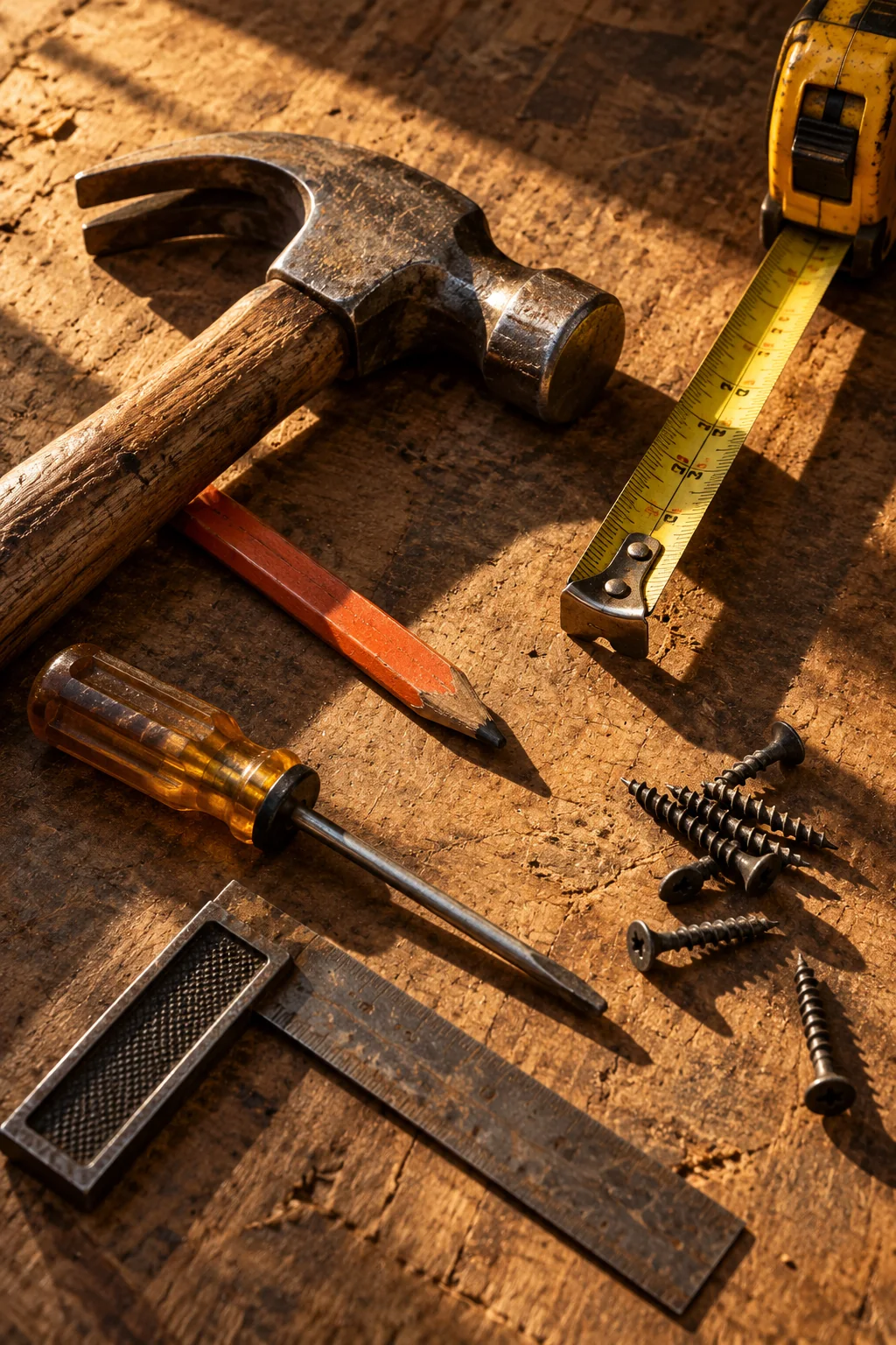 A hammer, screwdriver and tape measure on a timber work surface